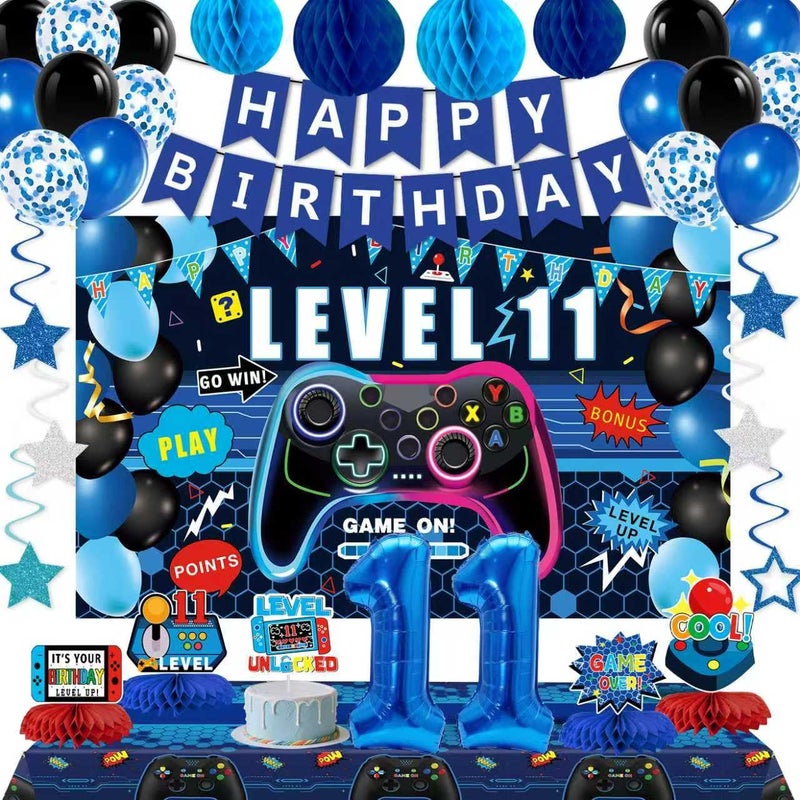 Juesly Video Game 11th Birthday Decorations for Boys, Blue Level 11 Decor Kits for Boy, 11 Years Old Game Supplies - Backdrop Honeycomb balls Hanging Swirls Centerpieces Balloons Tablecloth Cake topper - Image 1