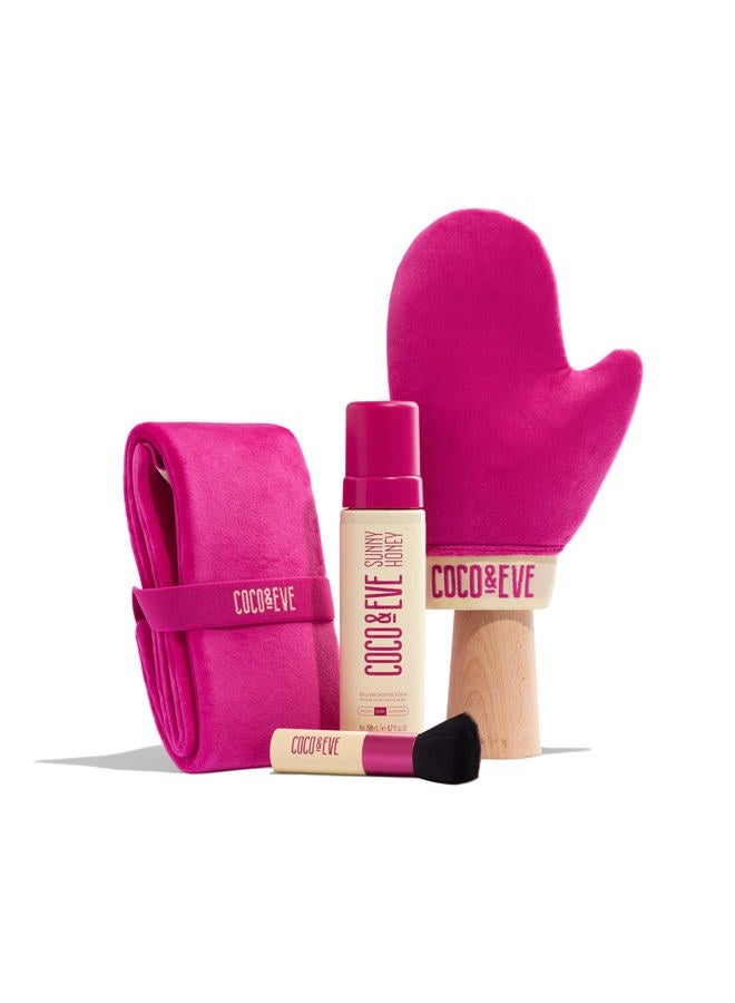 COCO & EVE Bali Bae Self Tan Set (Ultra Dark). All Natural Sunless Tanning Mousse. Instant Self Tanning Lotion with Bronzer, Mitt Applicator, Kabuki Brush and Back Applicator for Flawless Application.  - Image 1