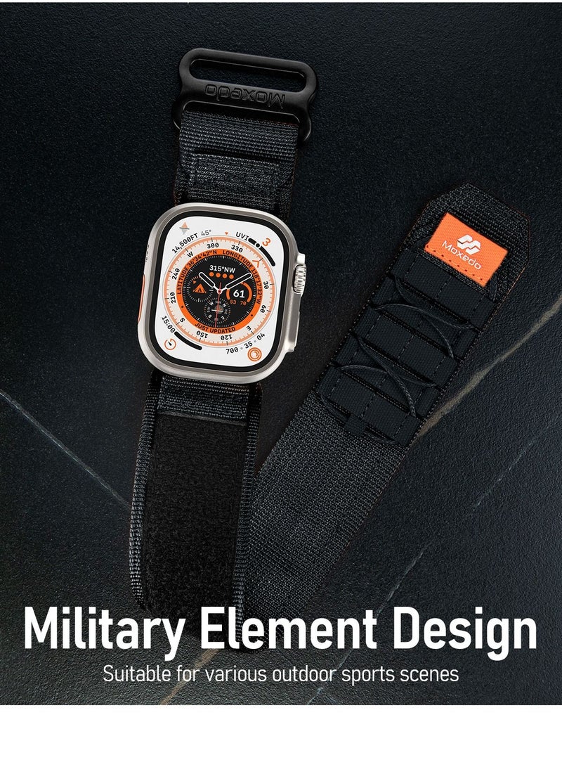 Moxedo Tactical Sports Rugged Strap Breathable Nylon Braided Compatible with Apple Watch Band Series 8,7,6,5,4,3,2,1,SE Ultra Woven Loop Design for 44mm 45mm 49mm (Black)