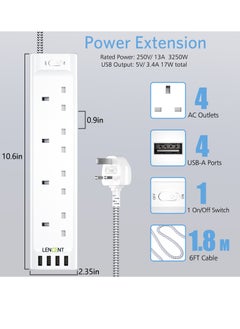 لينسينت وصلة تمديد LENCENT مع فتحات USB ، 4 منافذ توصيل الطاقة مع 4 منافذ USB ، تمديد قابس متعدد الطاقة مع سلك تمديد مضفر 1.8 متر للمكتب المنزلي ، 3250 وات 13 أمبير  - Image 2