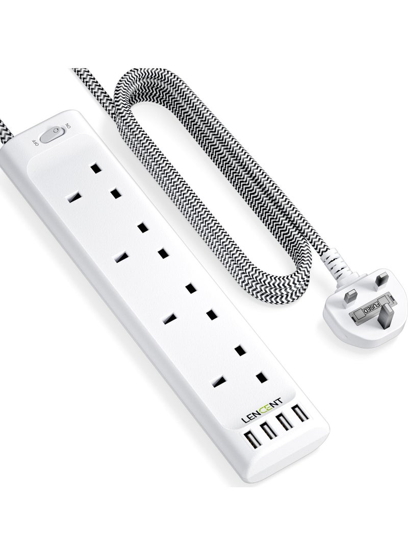 لينسينت وصلة تمديد LENCENT مع فتحات USB ، 4 منافذ توصيل الطاقة مع 4 منافذ USB ، تمديد قابس متعدد الطاقة مع سلك تمديد مضفر 1.8 متر للمكتب المنزلي ، 3250 وات 13 أمبير  - Image 1