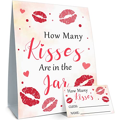 ALodr How Many Kisses are in The Jar-Baby Shower, Bridal Shower, Birthday, Christmas, Graduation Season Funny Party Game- Game Cards Kit (1 Sign & 50 Cards) - Image 1