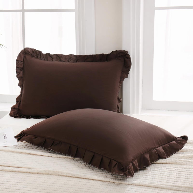 Merryword Dark Brown Pillow Shams Chocolate King Pillowcases Cute Pillow Cover Set of 2 Soft Shabby Chic Ruffled Pillowcases 2 Pack (King (20''x36'')  Chocolate) - Image 1