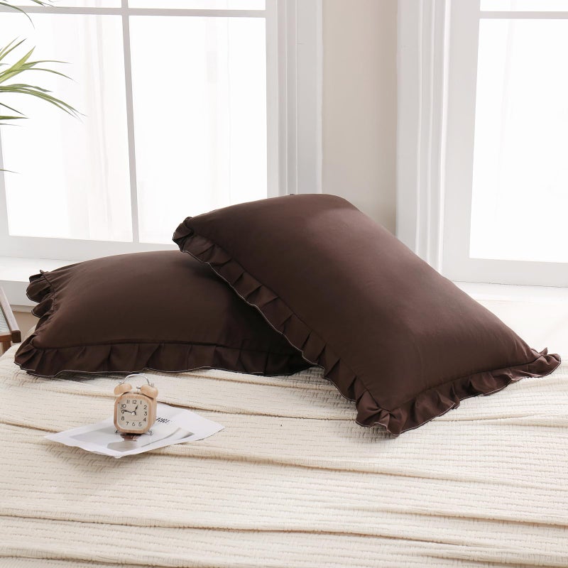 Merryword Dark Brown Pillow Shams Chocolate King Pillowcases Cute Pillow Cover Set of 2 Soft Shabby Chic Ruffled Pillowcases 2 Pack (King (20''x36'')  Chocolate) - Image 3