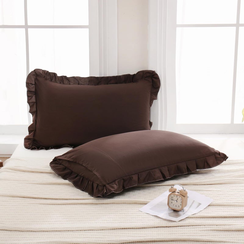 Merryword Dark Brown Pillow Shams Chocolate King Pillowcases Cute Pillow Cover Set of 2 Soft Shabby Chic Ruffled Pillowcases 2 Pack (King (20''x36'')  Chocolate) - Image 5
