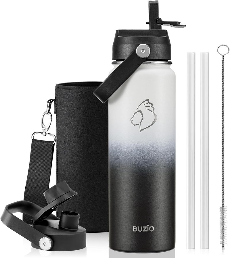 BUZIO 24 oz Water Bottle Insulated, Leakproof Stainless Steel Flask (Cold for 48 Hrs), Wide Mouth BPA-Free Metal Thermo Hydro Canteen with 2 Lids, Day & Night - Image 1