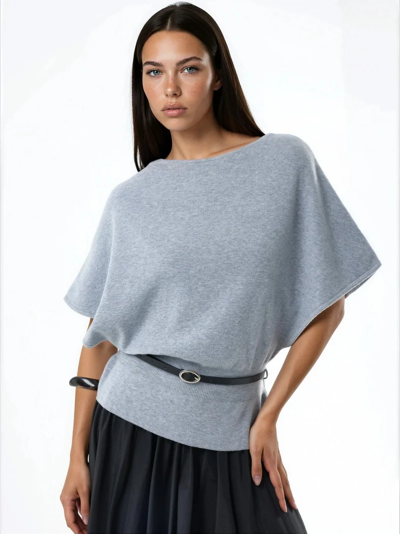 Qustyle QU STYLE Belted Crew Neck Ribbed Knit Sweater