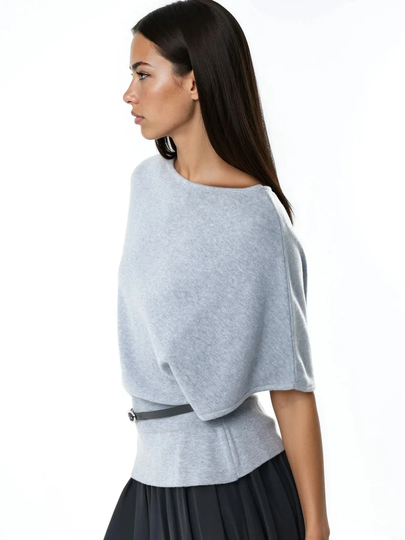 Qustyle QU STYLE Belted Crew Neck Ribbed Knit Sweater