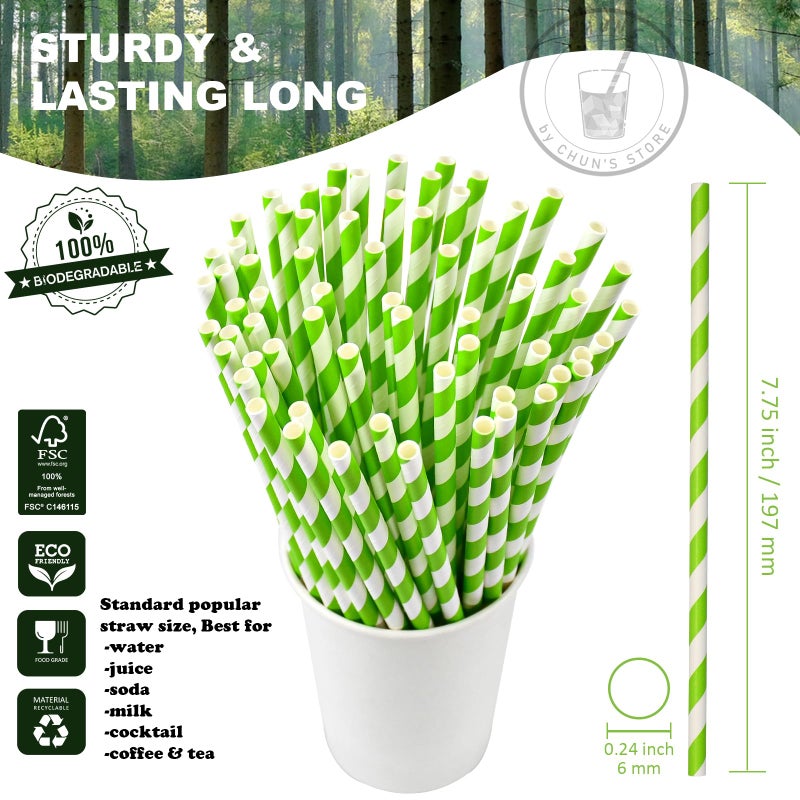 chunspak [1000 Count] 7.75 Inch Green/White Striped Paper Drinking Straws Bulk  100% Biodegradable - Image 2