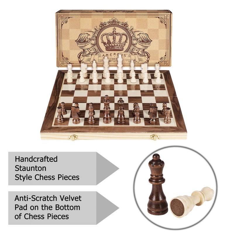 AMEROUS 15 Inches Magnetic Wooden Chess Set - 2 Extra Queens - Folding Board - Pieces Storage Slots, Handmade Portable Travel Chess Game - Beginner Chess Set for Kids, 6 up Age - Image 5