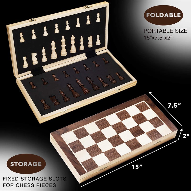AMEROUS 15 Inches Magnetic Wooden Chess Set - 2 Extra Queens - Folding Board - Pieces Storage Slots, Handmade Portable Travel Chess Game - Beginner Chess Set for Kids, 6 up Age - Image 2