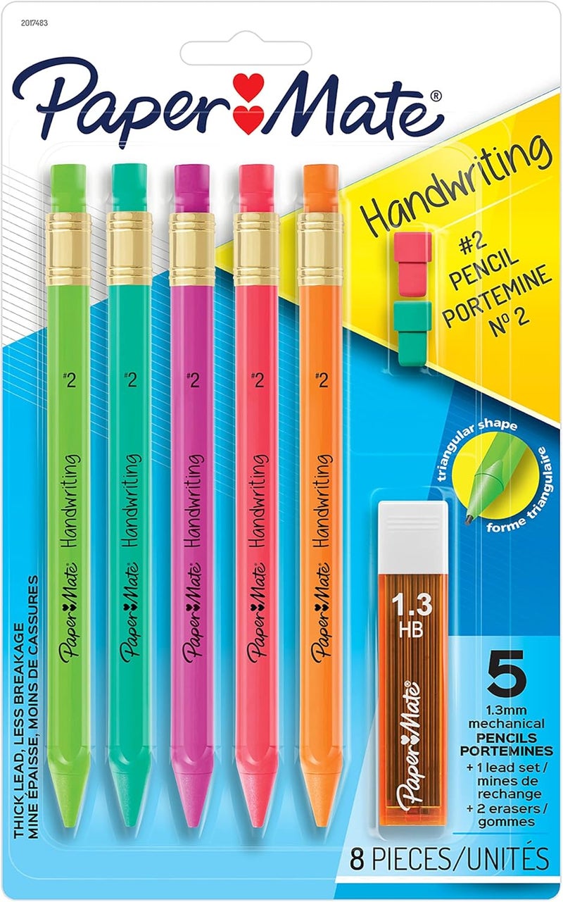 Papermate Handwriting Triangular Mechanical Pencil Set with Lead & Eraser Refills, 1.3mm, School Supplies, Office Supplies, Sketching Pencils, Drafting Pencil, Fun Barrel Colors, 8 Count (Pack of 2) - Image 2