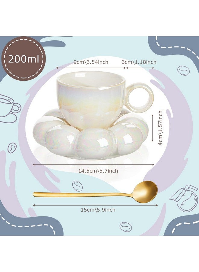 Tessco 2 Pieces Ceramic Cloud Mug Cute Cup with Coaster 7oz Cute Ceramic Coffee Mug with Saucer Set for Christmas Gift Office Home Coffee Tea Latte Milk Winter, Pink and Pearl White(Sunflower) - Image 2