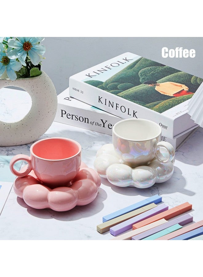 Tessco 2 Pieces Ceramic Cloud Mug Cute Cup with Coaster 7oz Cute Ceramic Coffee Mug with Saucer Set for Christmas Gift Office Home Coffee Tea Latte Milk Winter, Pink and Pearl White(Sunflower) - Image 4