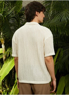 Campus Sutra Men's Cream White Striped Knit Oversized Shirt  - Image 5