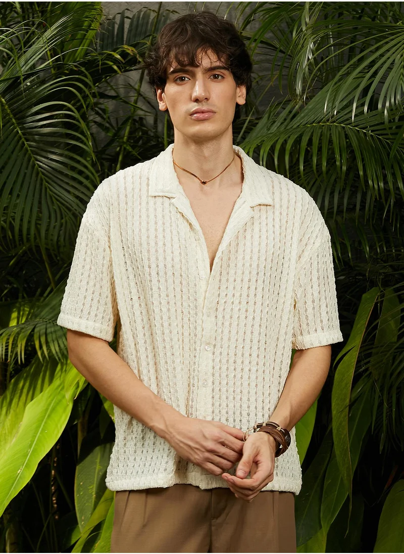 Campus Sutra Men's Cream White Striped Knit Oversized Shirt