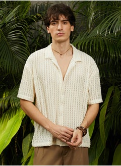Campus Sutra Men's Cream White Striped Knit Oversized Shirt  - Image 2