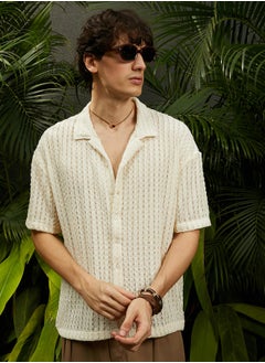 Campus Sutra Men's Cream White Striped Knit Oversized Shirt  - Image 1