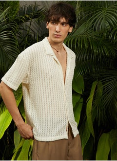 Campus Sutra Men's Cream White Striped Knit Oversized Shirt  - Image 3