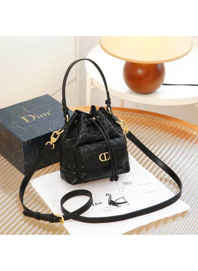 Dior Addict Elegant Black Dior Drawstring Bucket Bag with Gold Hardware