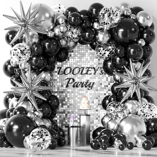 LOOLEY 137Pcs Black and Silver Balloons Garland Arch Kit with Stars 5 10 12 18 inch Black Silver Confetti Latex Party Balloons for 2025 Graduation Retirement Birthday Anniversary - Image 1