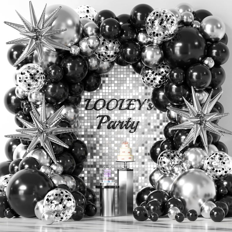 LOOLEY 137Pcs Black and Silver Balloons Garland Arch Kit with Stars 5 10 12 18 inch Black Silver Confetti Latex Party Balloons for 2025 Graduation Retirement Birthday Anniversary - Image 2