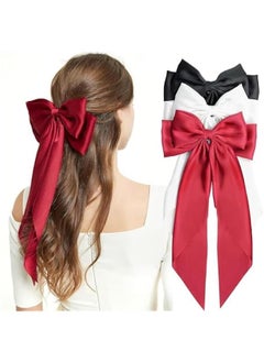 3  Hair Bows for Ladies Silky Satin Ribbon Barrettes Large Hair Bow Cli Scarf French Bowknot Soft Long Tails with durable Metal Cli Hair Pins for Ponytail Bun Hair Black White and Red