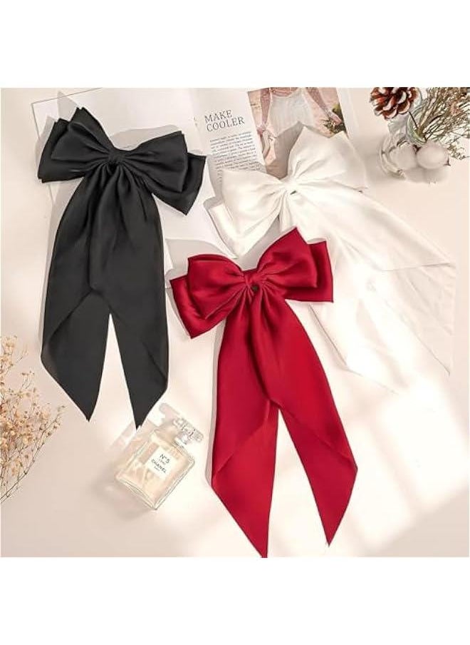 FYLX - 3  Hair Bows for Ladies Silky Satin Ribbon Barrettes Large Hair Bow Cli Scarf French Bowknot Soft Long Tails with durable Metal Cli Hair Pins for Ponytail Bun Hair Black White and Red - Image 1