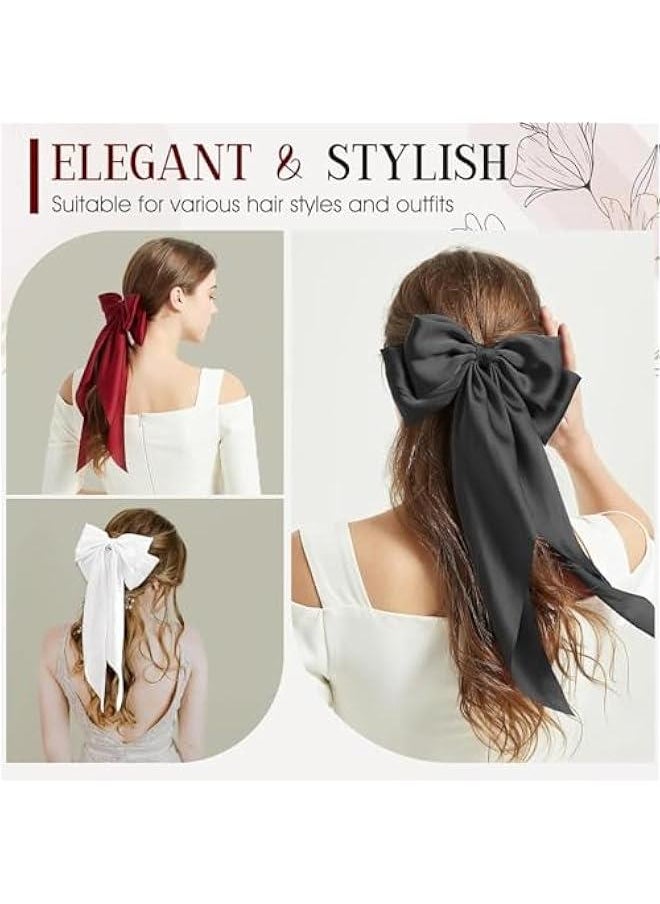 FYLX - 3  Hair Bows for Ladies Silky Satin Ribbon Barrettes Large Hair Bow Cli Scarf French Bowknot Soft Long Tails with durable Metal Cli Hair Pins for Ponytail Bun Hair Black White and Red - Image 1