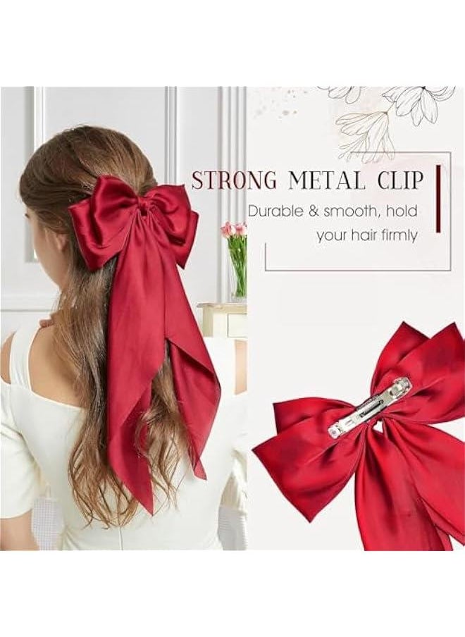 FYLX - 3  Hair Bows for Ladies Silky Satin Ribbon Barrettes Large Hair Bow Cli Scarf French Bowknot Soft Long Tails with durable Metal Cli Hair Pins for Ponytail Bun Hair Black White and Red - Image 1
