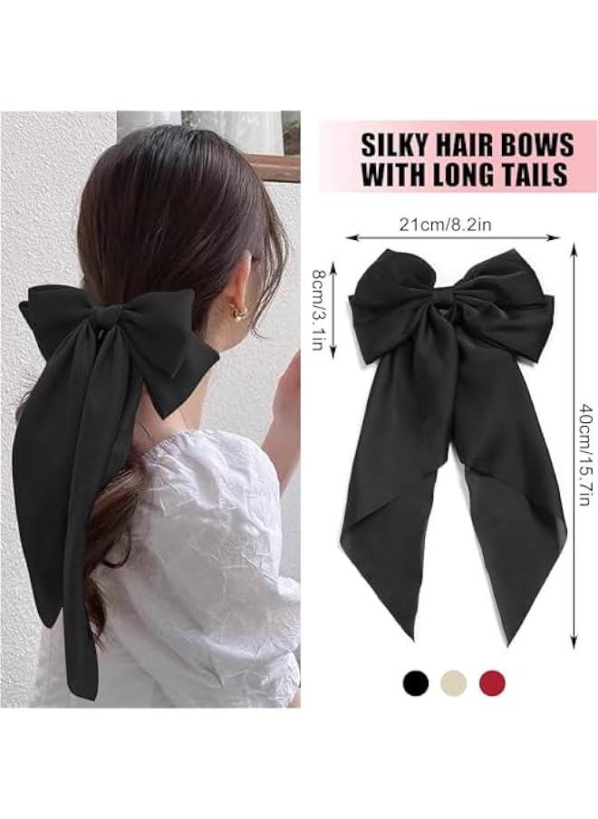FYLX - 3  Hair Bows for Ladies Silky Satin Ribbon Barrettes Large Hair Bow Cli Scarf French Bowknot Soft Long Tails with durable Metal Cli Hair Pins for Ponytail Bun Hair Black White and Red - Image 1