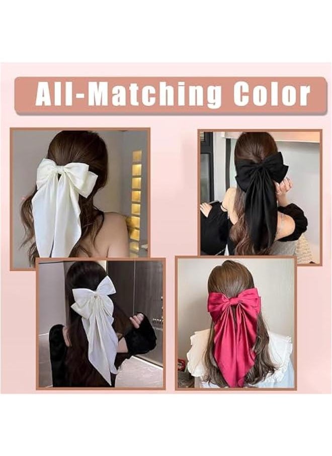 FYLX - 3  Hair Bows for Ladies Silky Satin Ribbon Barrettes Large Hair Bow Cli Scarf French Bowknot Soft Long Tails with durable Metal Cli Hair Pins for Ponytail Bun Hair Black White and Red - Image 1