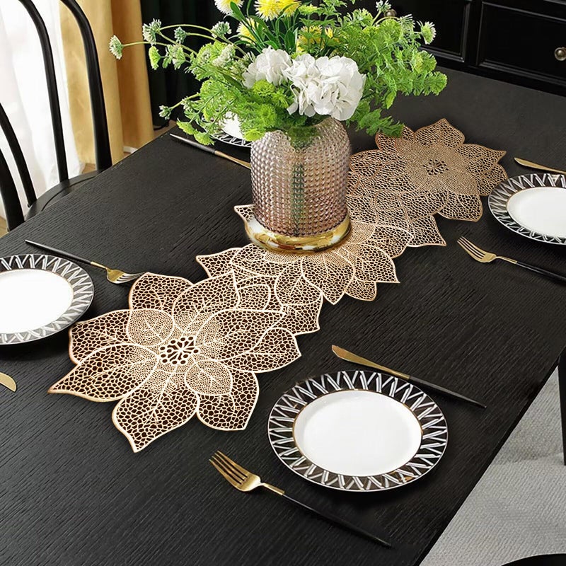 FAVE Gold Table Runners 36 Inches Heat Resistant Table Runner Flower Shaped Vinyl Table Runner Waterproof Washable Table Mats for Wedding Banquet Birthday Party RestaurantGold Flower Shaped