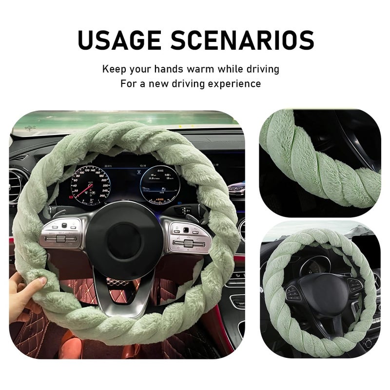 KVAEY Fluffy Car Steering Wheel Cover, 15 Inches Anti-Slip Round Fuzzy Winter Steering Wheel Protector, Soft Warm Plush Steering Wheel Cover for Women Girls, Car Accessories (Green, Round) - Image 4