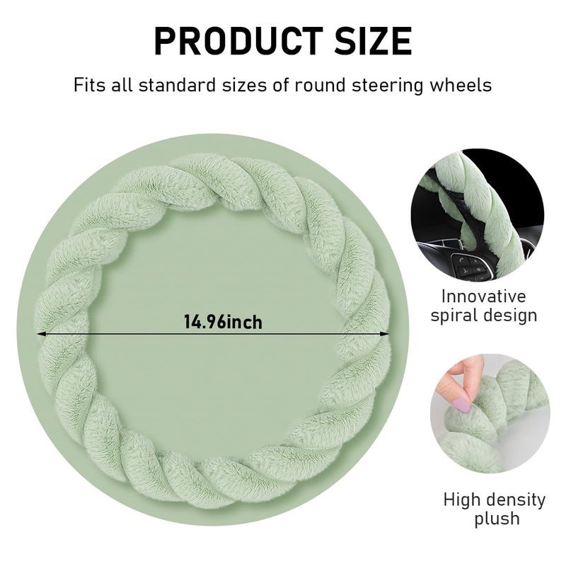 KVAEY Fluffy Car Steering Wheel Cover, 15 Inches Anti-Slip Round Fuzzy Winter Steering Wheel Protector, Soft Warm Plush Steering Wheel Cover for Women Girls, Car Accessories (Green, Round) - Image 2