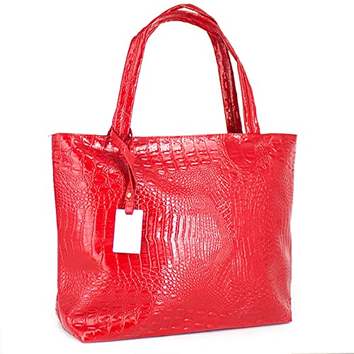 Valentoria Womens Large Tote Shoulder Handbag Purse Travel Satchel Stylish Fuax Leather Crocodile Hobo Top Handle Bag Red - Image 2