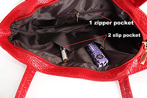 Valentoria Womens Large Tote Shoulder Handbag Purse Travel Satchel Stylish Fuax Leather Crocodile Hobo Top Handle Bag Red - Image 4
