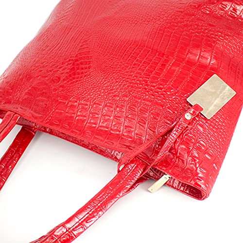 Valentoria Womens Large Tote Shoulder Handbag Purse Travel Satchel Stylish Fuax Leather Crocodile Hobo Top Handle Bag Red - Image 3