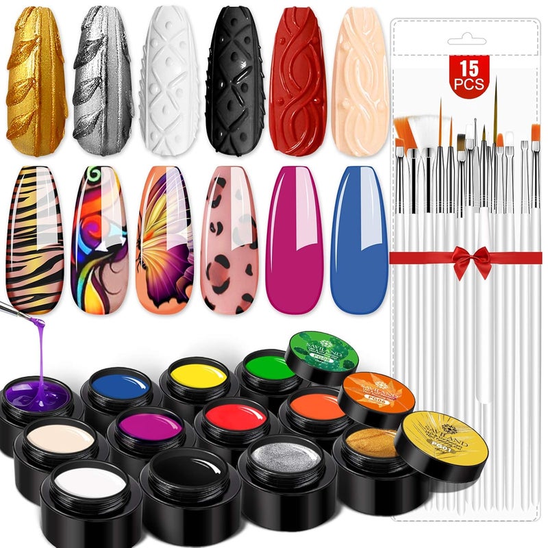 Saviland SAVILAND Gel Paint Kit: Gel Nail Polish Kit 12 Colors Soak Off Gel Polish Set with 15 pcs Painting Drawing Nail Brush Pen for Nail Art Design & Nail Salon
