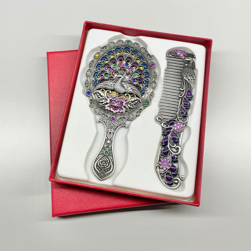 Creative Retro Peacock Open Screen Small Mirror Handle Metal Cosmetic Mirror Portable Mirror Comb Suit Holiday Gifts - Image 1