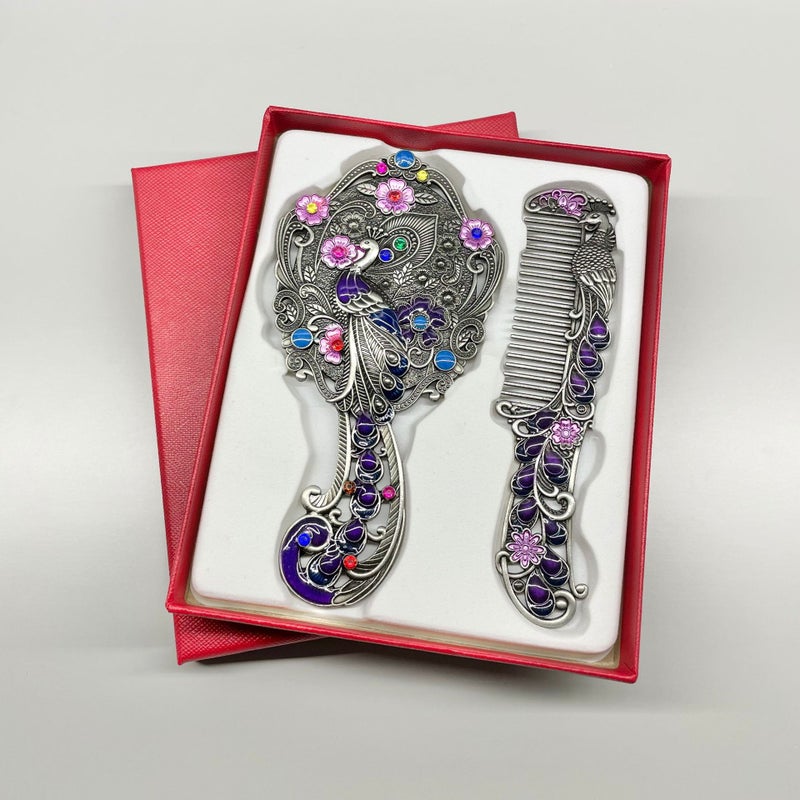 Creative Retro Peacock Open Screen Small Mirror Handle Metal Cosmetic Mirror Portable Mirror Comb Suit Holiday Gifts - Image 3