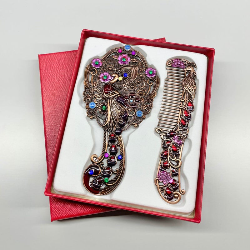 Creative Retro Peacock Open Screen Small Mirror Handle Metal Cosmetic Mirror Portable Mirror Comb Suit Holiday Gifts - Image 2