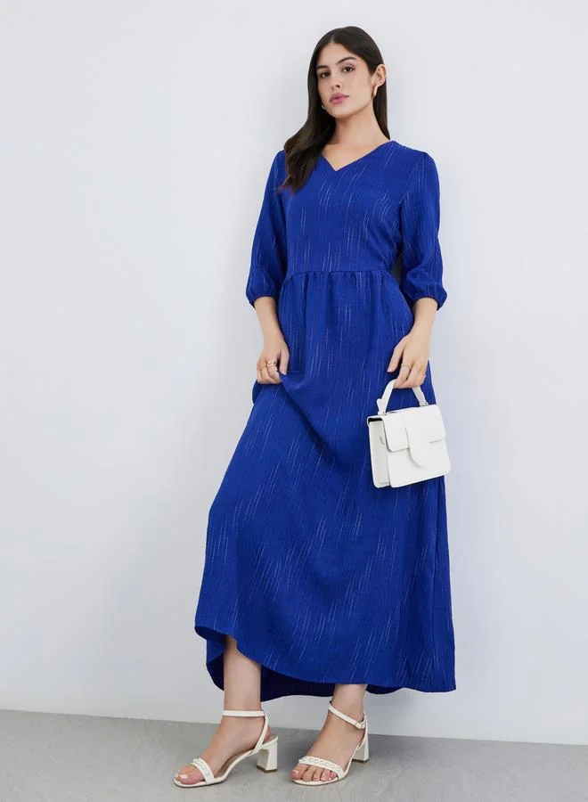 ستايلي Styli Blue Self-Design 3/4 Sleeves Maxi Dress