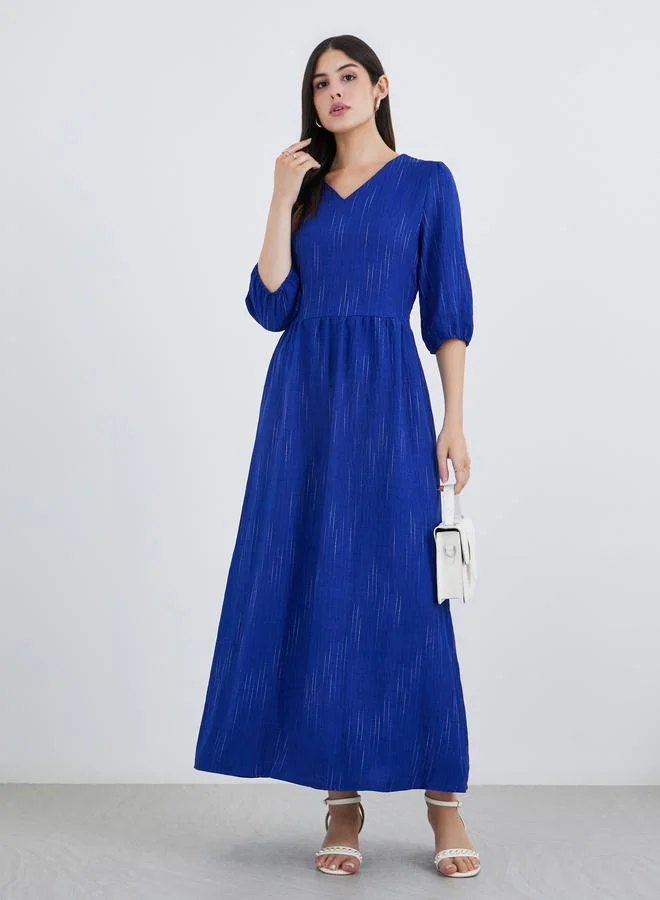 ستايلي Styli Blue Self-Design 3/4 Sleeves Maxi Dress