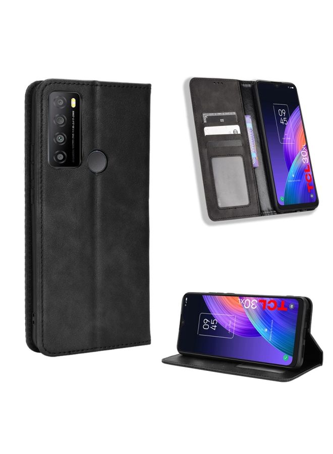 Case Cover For TCL 30 XL Magnetic Buckle Retro Texture Leather Phone Case Black