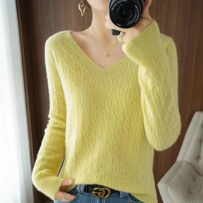 Lime Full Sleeve V Neck Relaxed Sweaters