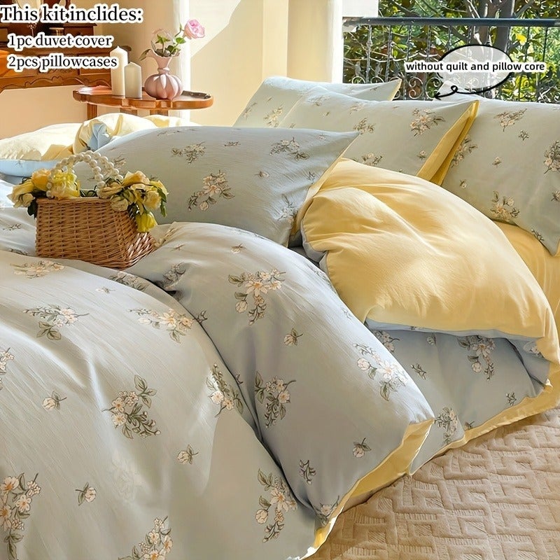 Fresh Floral Print Bedding Set 3pcs Quilt Cover + Pillowcase Without Core - Image 1