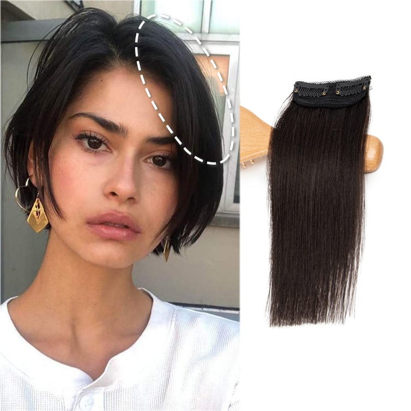 FEIPRO Real Human Hair Silky Straight Short Hair Extensions Volume Insert Clip Natural Invisible Lady Parts Frontal Bangs Toppers for Women Men Thinning Hair Short Hair 41B Natural Black