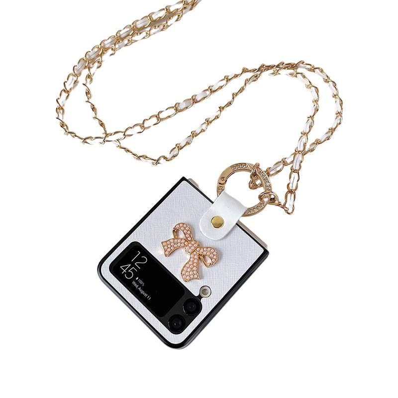 PC Protective Case for Samsung Galaxy Z Fold 7 with Electroplated Metal Bow and Crossbody Chain plus Flip Cover plus Rhinestone Decoration in White - Image 1