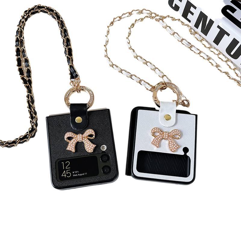 PC Protective Case for Samsung Galaxy Z Fold 7 with Electroplated Metal Bow and Crossbody Chain plus Flip Cover plus Rhinestone Decoration in White - Image 4